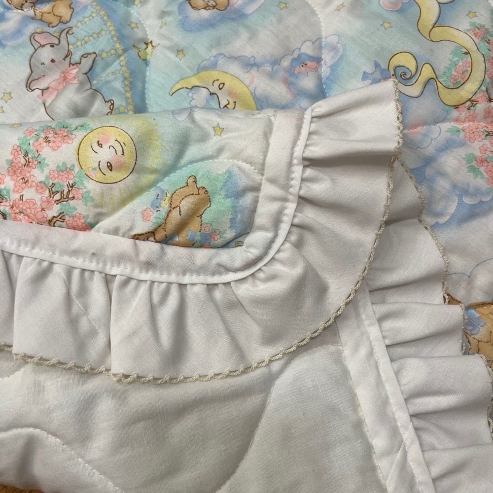 Bunny and Bear Quilted Baby Blanket Ruffle Moon Stars‎ Floor Blanket 49" X 52"